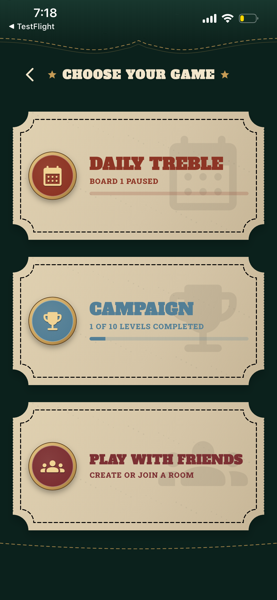 Football Bingo game mode selection screen