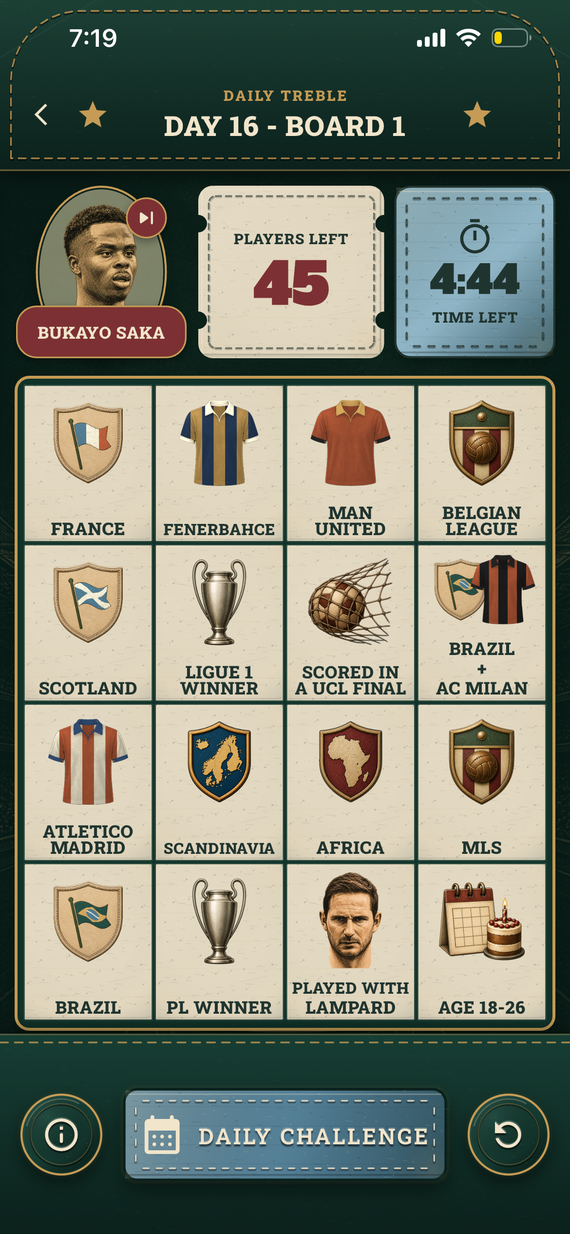Football Bingo Daily Treble board