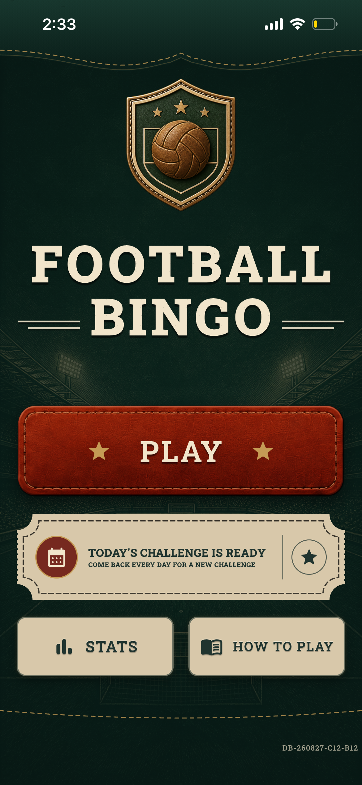 Football Bingo home screen
